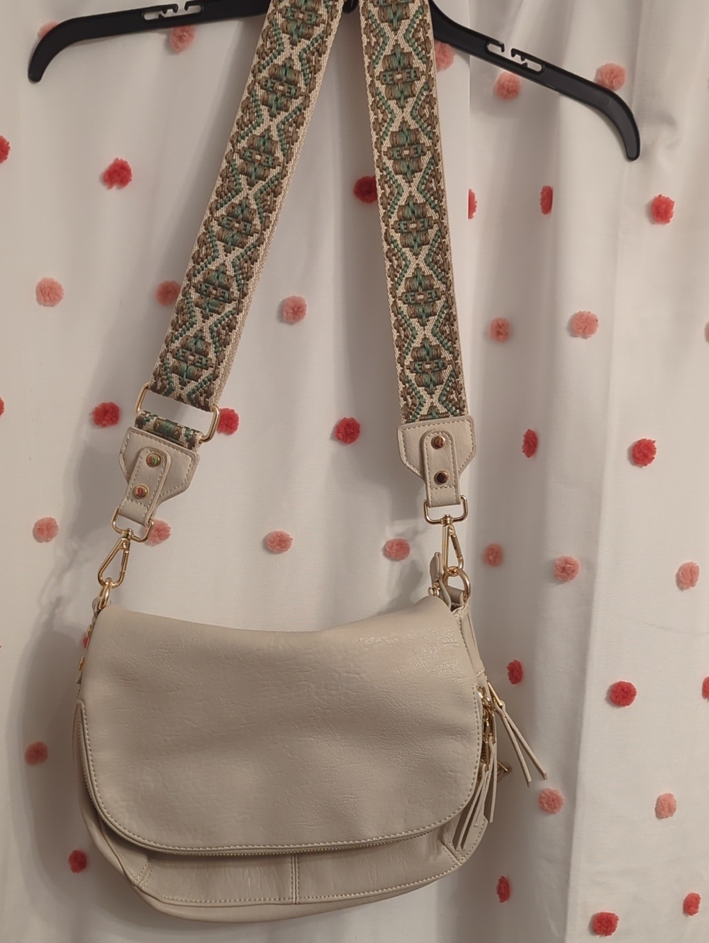 Cream Crossbody Bag with Patterned Webbed Strap